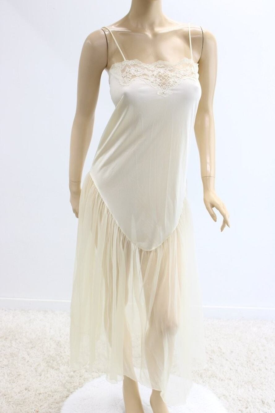 Vintage Hansen Long Nightgown Nylon Chiffon Ivory Small Pearl beads Drop Waist